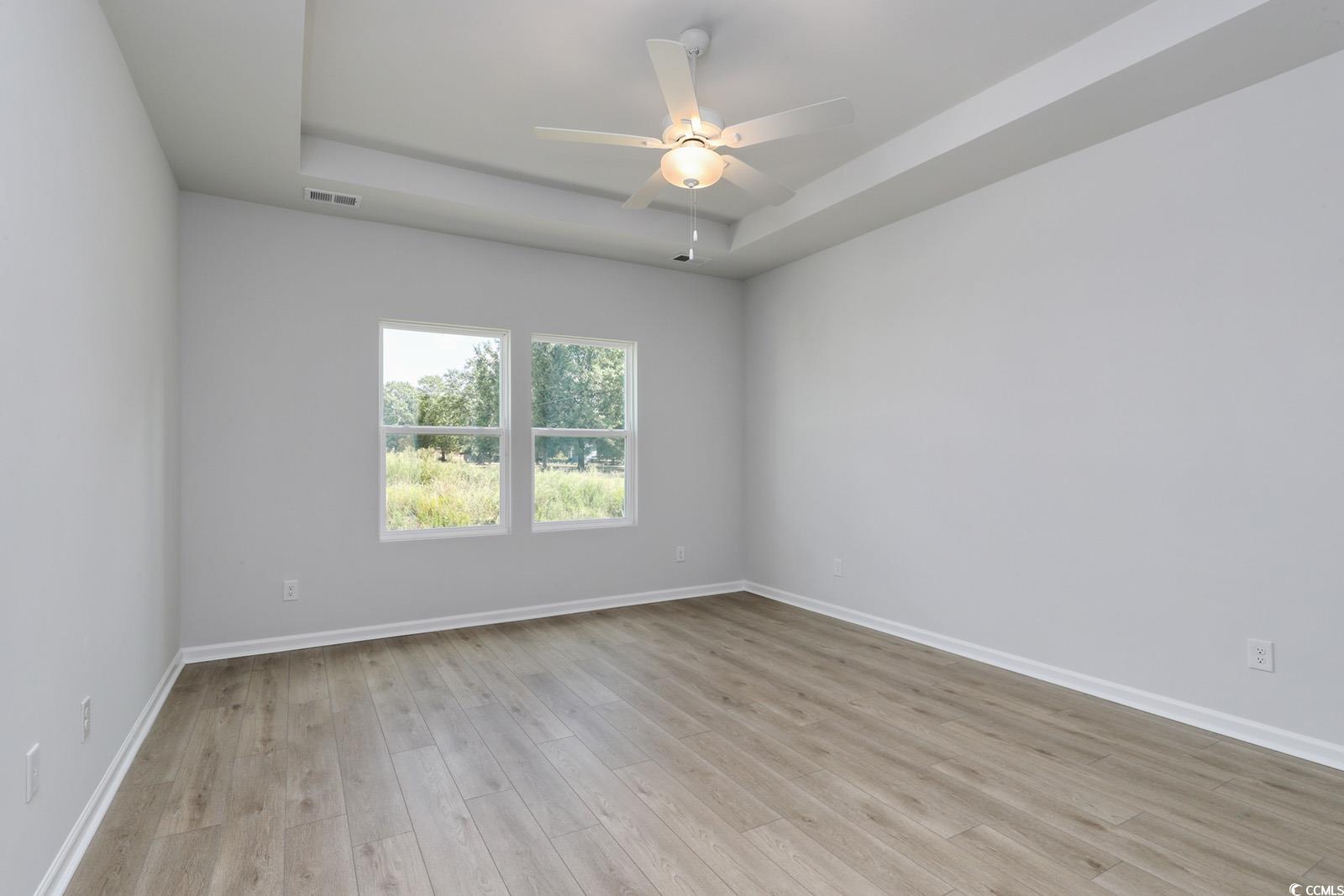 331 Garden Grove Street Conway, SC 29526 - Photo 10 of 24 Unfurnished room featuring a raised ceiling, light wood-type flooring, and a ceiling fan