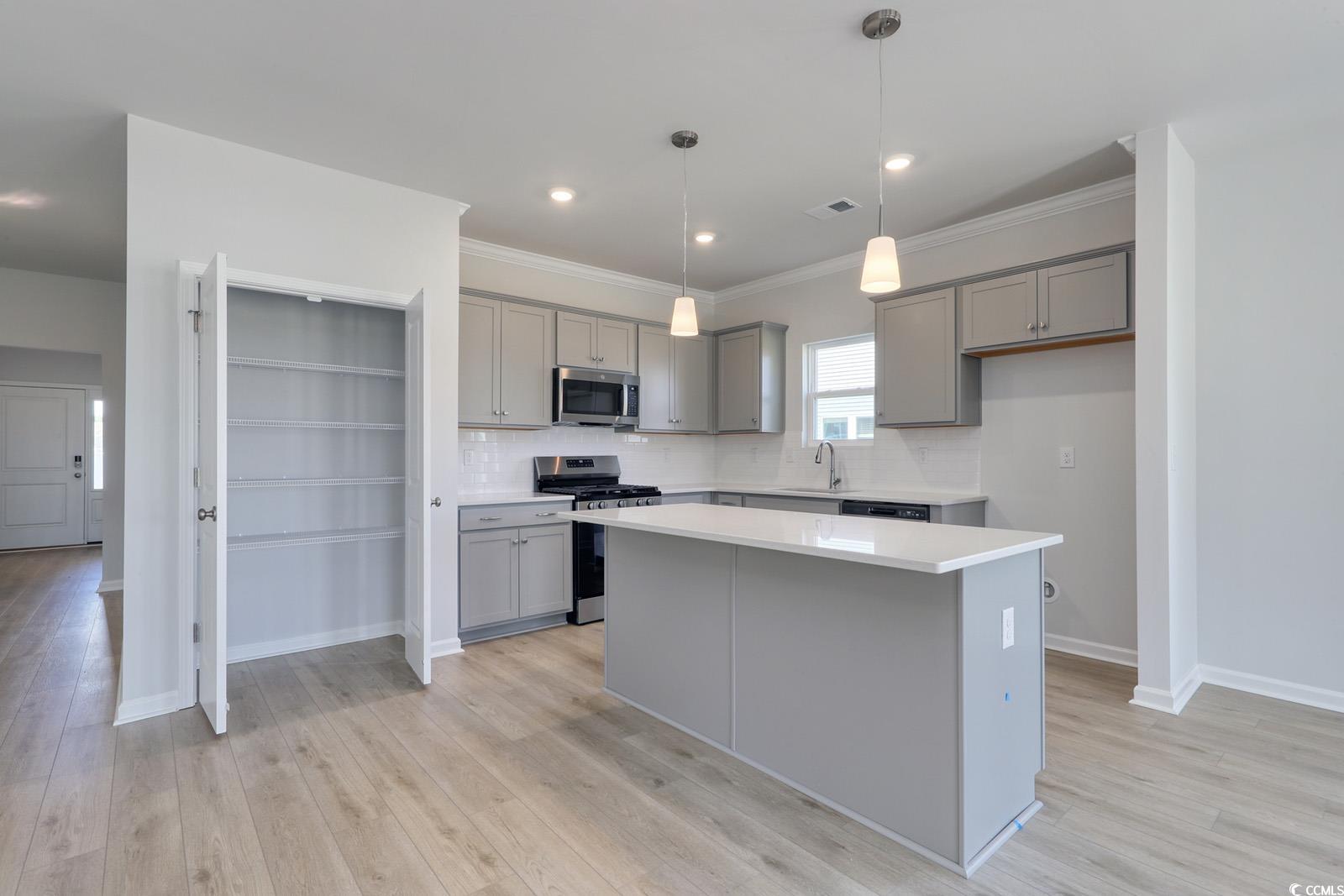 331 Garden Grove Street Conway, SC 29526 - Photo 4 of 24 Kitchen featuring gray cabinetry, appliances with stainless steel finishes, hanging light fixtures, a center island, and decorative backsplash