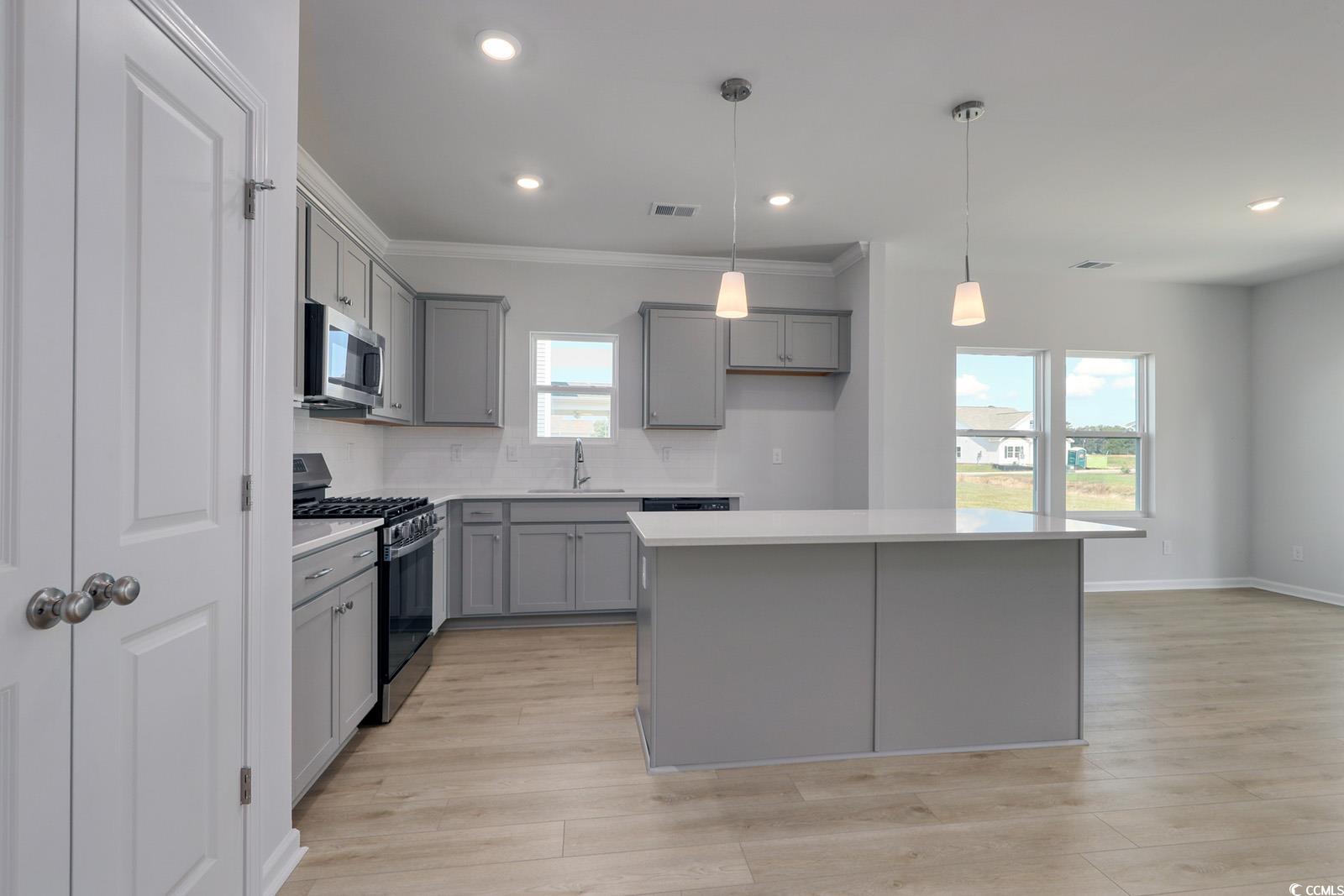 331 Garden Grove Street Conway, SC 29526 - Photo 5 of 24 Kitchen featuring gray cabinets, stainless steel appliances, decorative light fixtures, backsplash, and a kitchen island