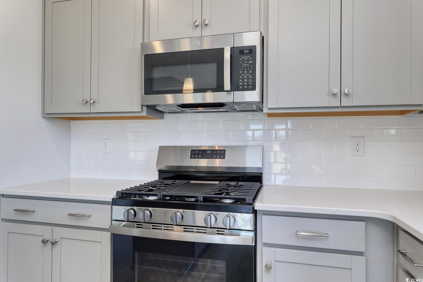 331 Garden Grove Street Conway, SC 29526 - Photo 6 of 24 Kitchen featuring stainless steel appliances, backsplash, gray cabinets, and light stone countertops