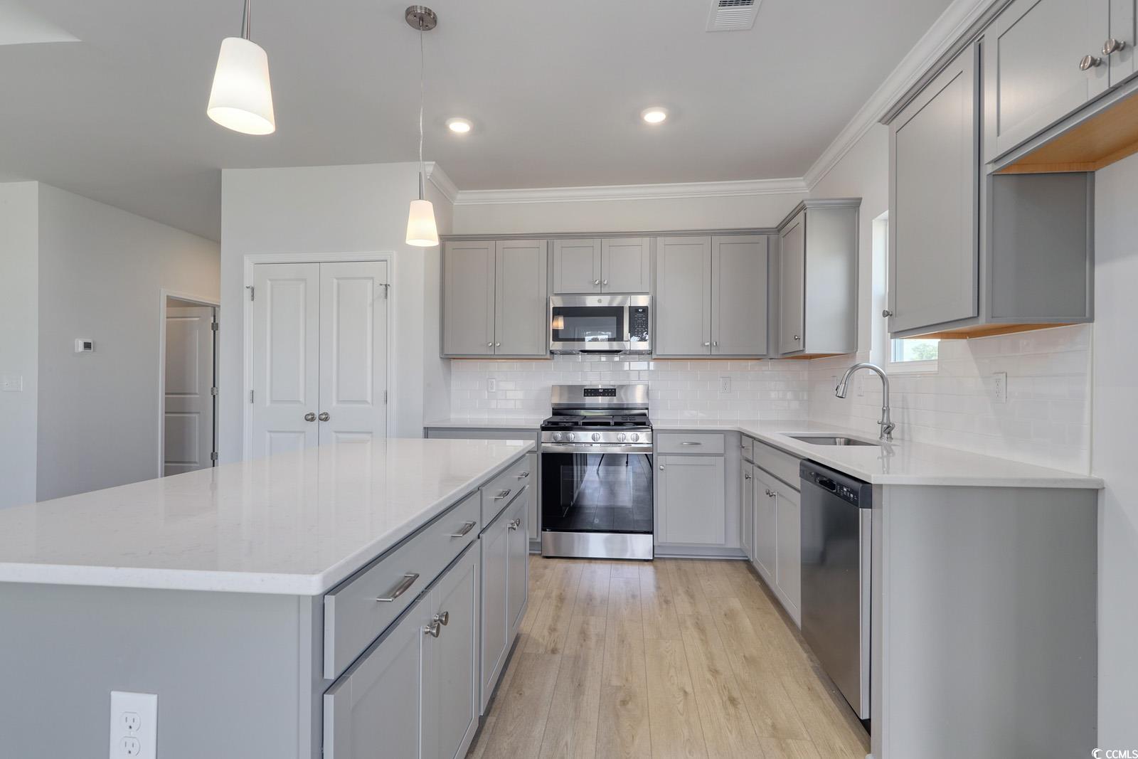 331 Garden Grove Street Conway, SC 29526 - Photo 7 of 24 Kitchen with gray cabinets, appliances with stainless steel finishes, a kitchen island, hanging light fixtures, and decorative backsplash