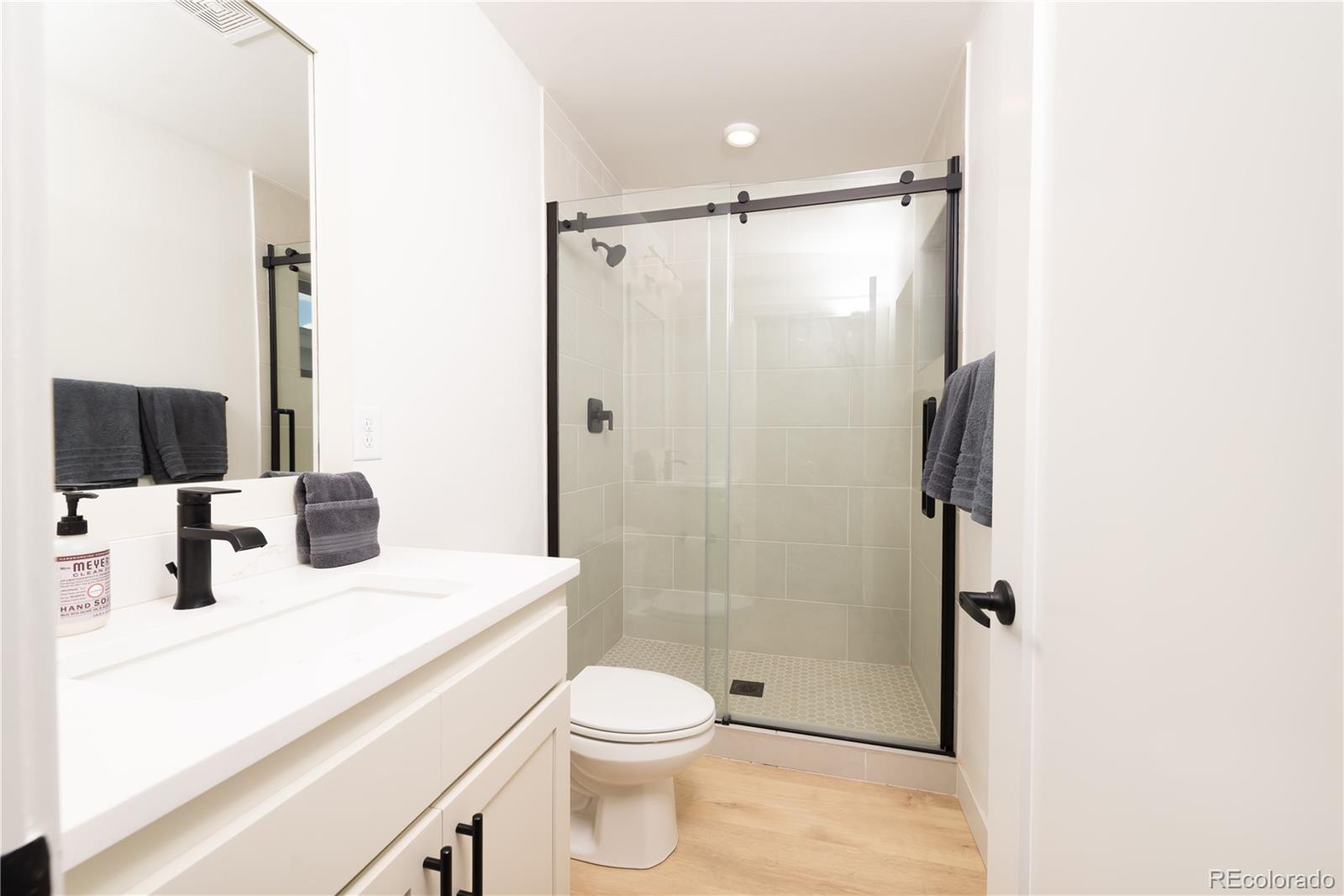 853 Ferret Lane Fraser, CO 80442 - Photo 19 of 32 a bathroom with a shower sink vanity mirror and toilet