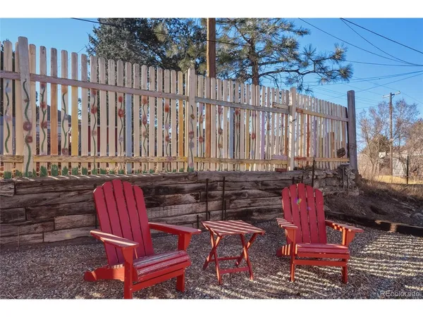 a backyard of a house with table and chairs