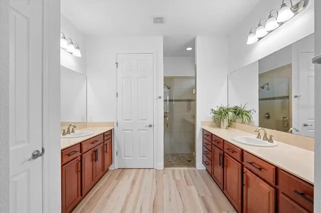 a bathroom with a sink a mirror and a shower