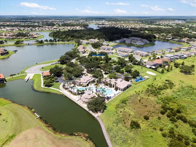 a view of a lake with a city