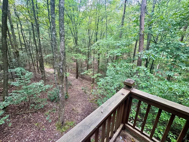a balcony with trees in front of it