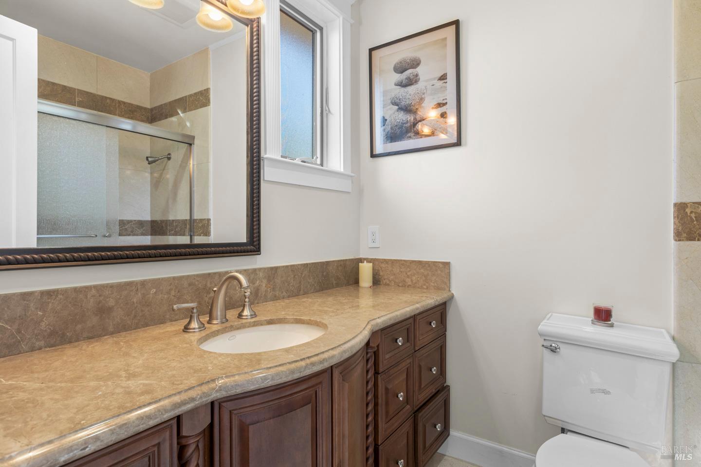 3001 Sears Point Road Sonoma, CA 95476 - Photo 32 of 52 a bathroom with a granite countertop sink mirror and toilet
