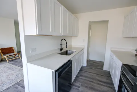 a kitchen with a sink cabinets and wooden floor