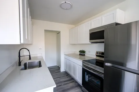 a kitchen with a sink stainless steel appliances and cabinets
