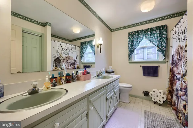 a bathroom with a double vanity sink and a mirror