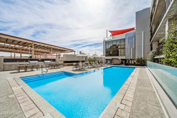 an outdoor space with furniture