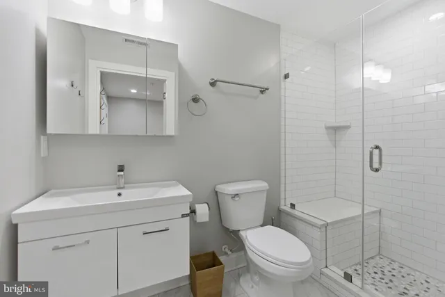 a bathroom with a toilet sink vanity and shower