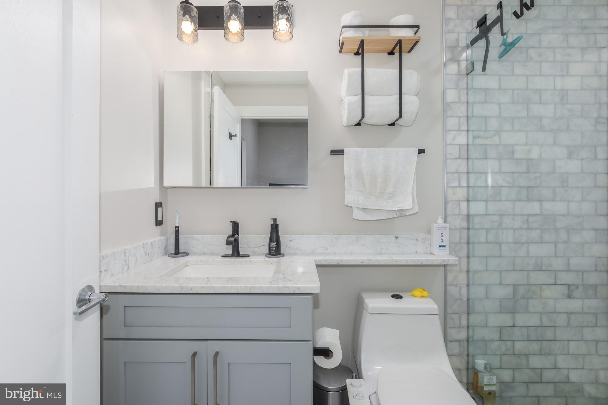 1444 Harvard Street Northwest, Unit 302 Washington, DC 20009 - Photo 29 of 50 a bathroom with a sink a toilet and mirror