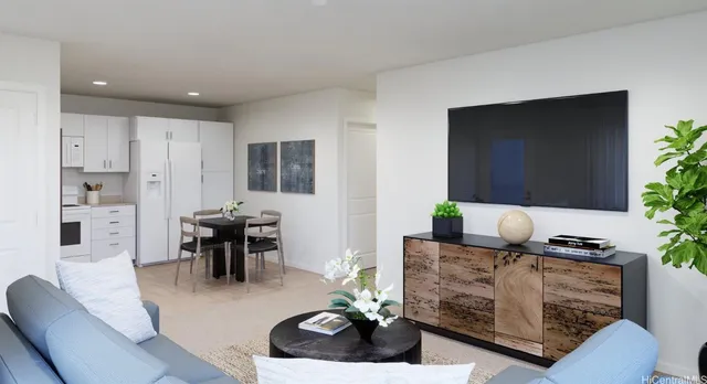 a kitchen with stainless steel appliances a white refrigerator a stove a white table and chairs