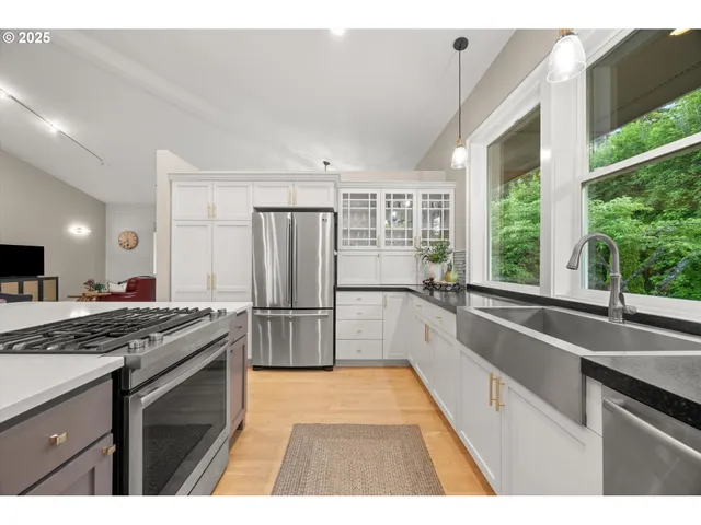 a kitchen with a stove a sink and a refrigerator