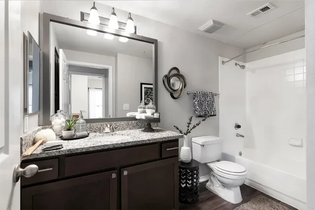 a bathroom with a granite countertop toilet sink and mirror