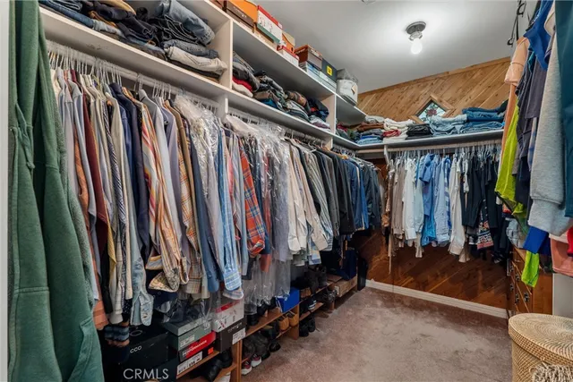 a view of walk in closet with clothes and shoes
