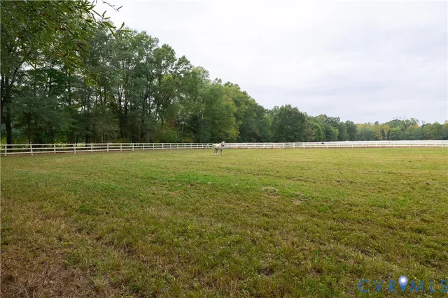a view of yard with lake and trees in the background