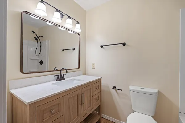 a bathroom with a sink a toilet and shower
