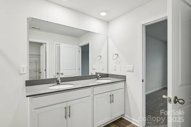 a bathroom with a sink double vanity and a mirror