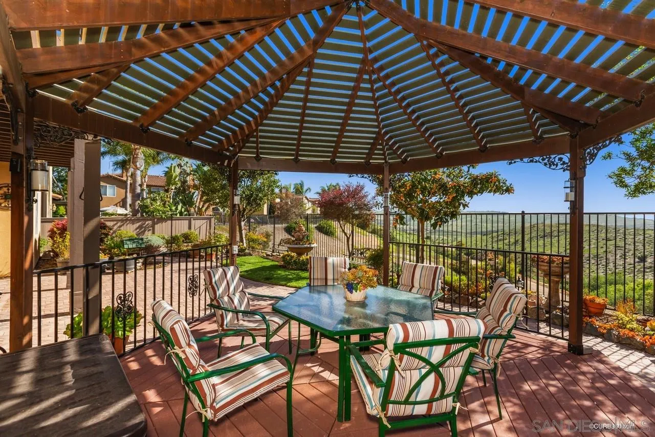 16290 Deer Ridge Road San Diego, CA 92127 - Photo 31 of 36 a view of a patio with table and chairs under an umbrella with a small yard
