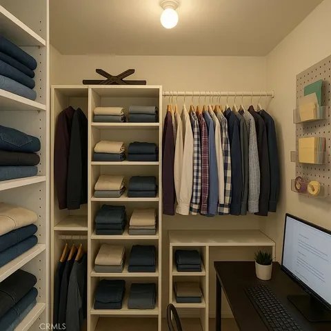 a view of walk in closet with clothes and shoes