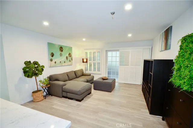 a living room with furniture potted plant and a window