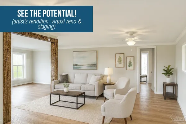 a living room with furniture and wooden floor