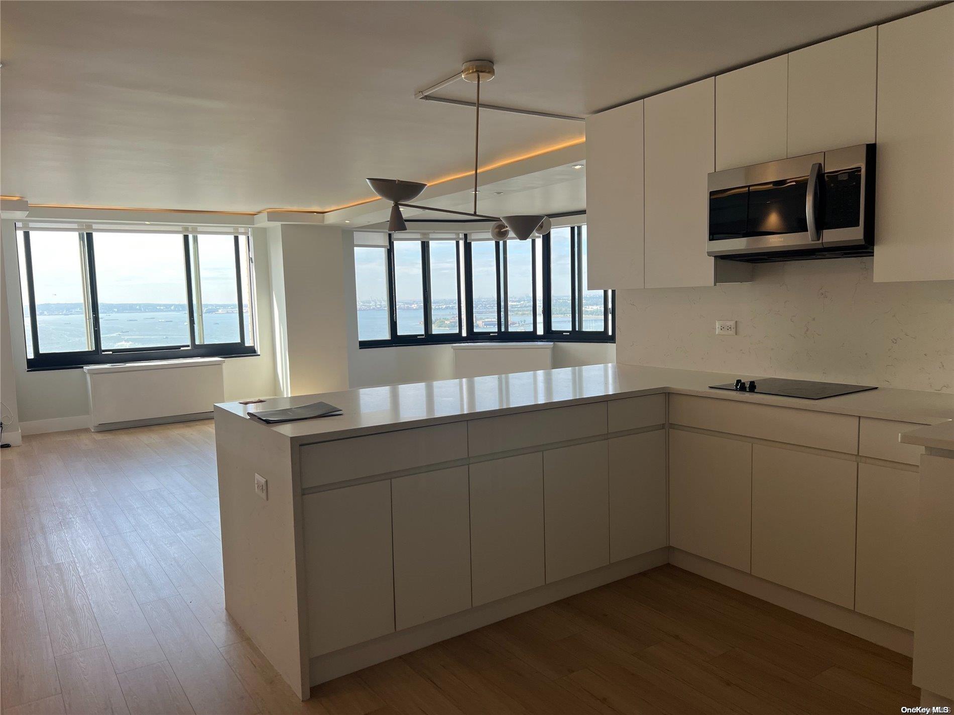 200 Rector Place, Unit 35E Manhattan, NY 10280 - Photo 13 of 33 a kitchen with stainless steel appliances granite countertop a sink a microwave oven a refrigerator and white cabinets