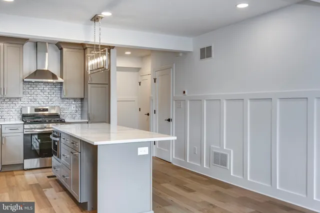 a kitchen with stainless steel appliances a stove and a refrigerator