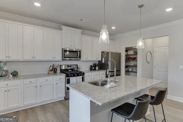 a kitchen with refrigerator a sink and cabinets