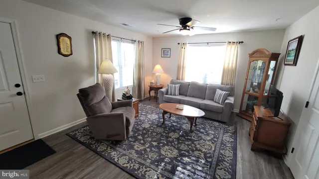 a living room with furniture a rug and a window