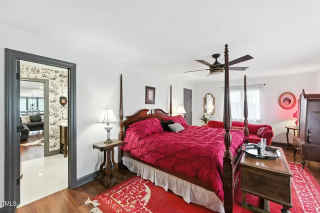 a view of a park with large trees