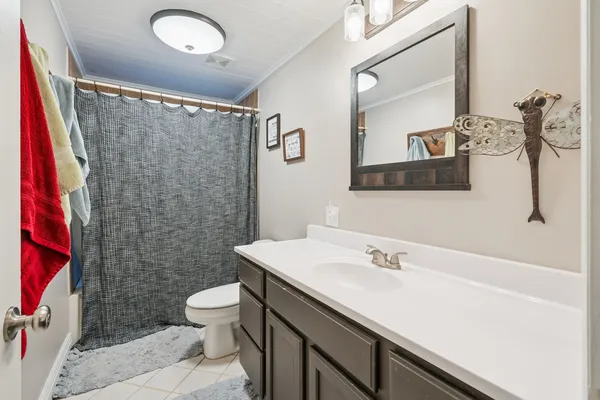 a bathroom with a sink a toilet and shower curtain
