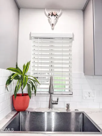 a view of a kitchen with a sink and a potted plant