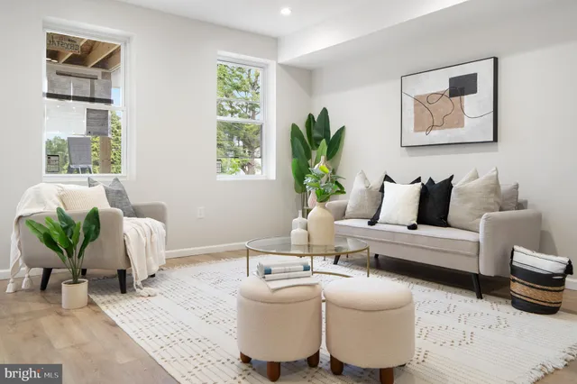 a living room with furniture and a potted plant