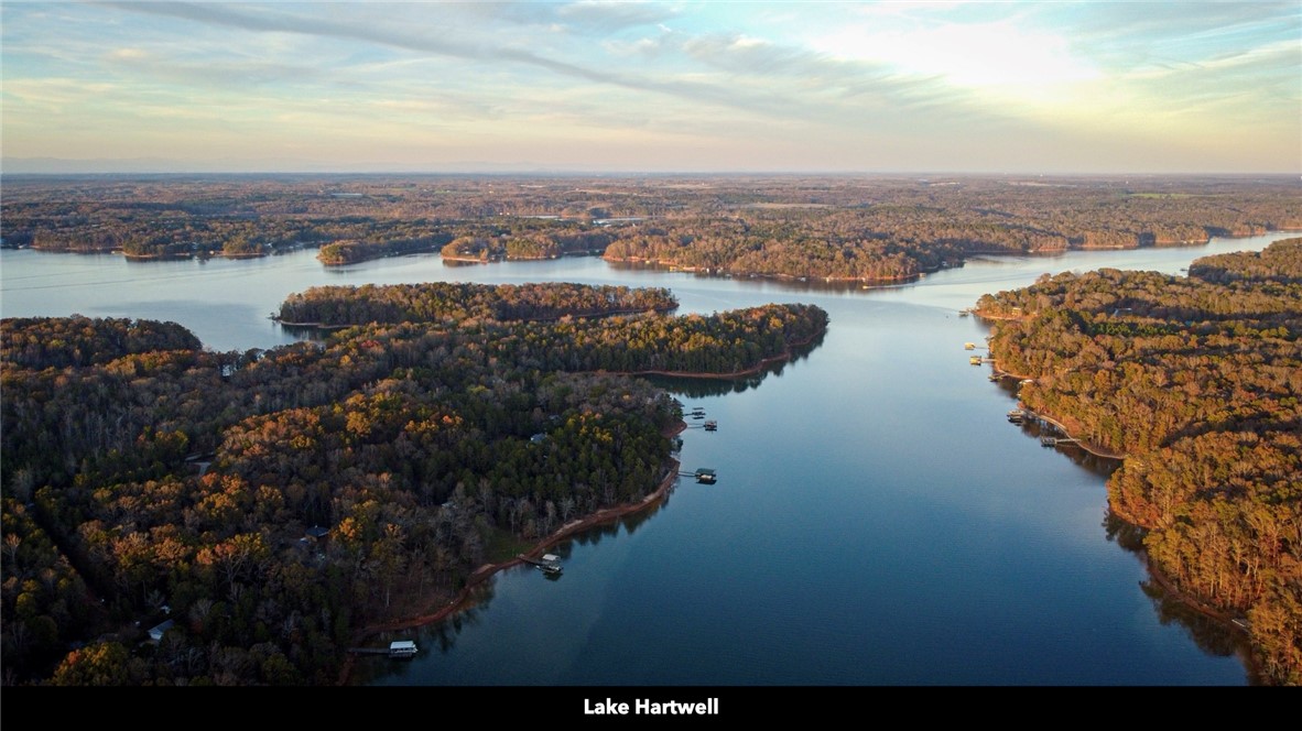 26 Wilbanks Road Seneca, SC 29678 - Photo 19 of 47 An aerial perspective reveals a winding lake framed by lush, tree-lined shores, dotted with private docks.