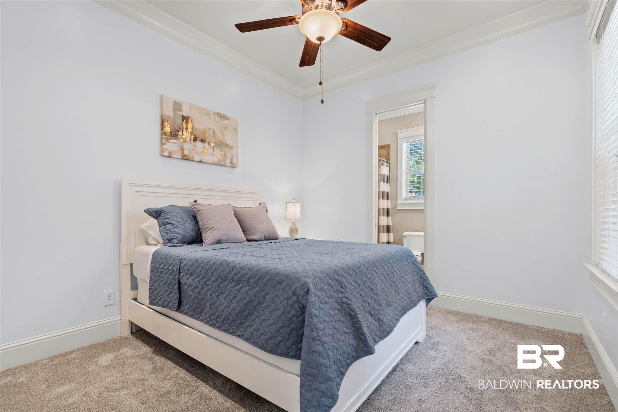 7676 Rockstone Lane Mobile, AL 36695 - Photo 21 of 47 Bedroom featuring ornamental molding, ceiling fan, and light carpet