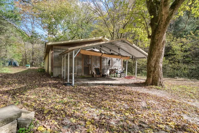 a view of a barn with a large tree and a yard