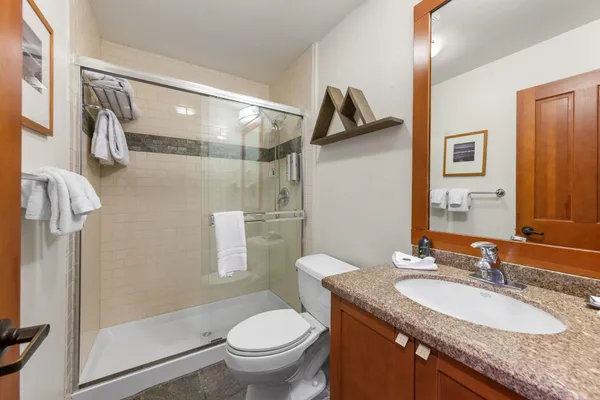 a bathroom with a granite countertop sink toilet and shower
