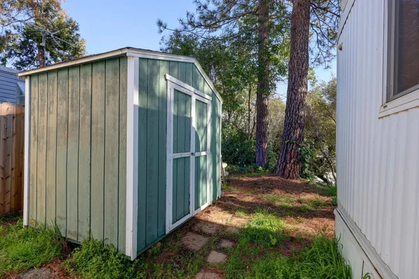 a backyard of a house with plants and trees