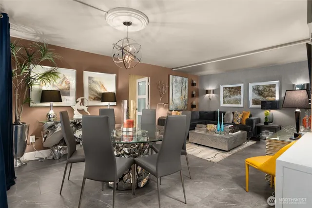 a view of a dining room with furniture