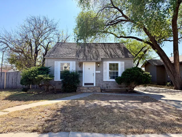 a view of a house with a yard covered with plants and trees