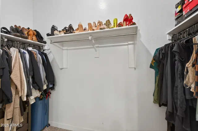 a view of walk in closet with clothes and shoes