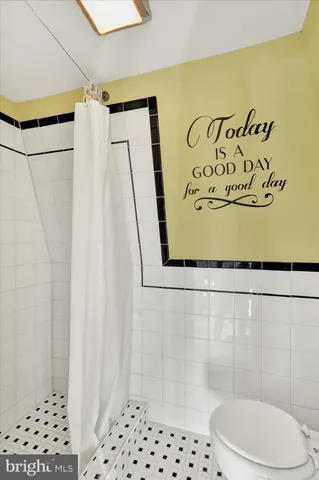 a bathroom with a shower and a toilet