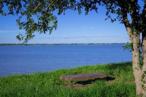 a garden view with a seating space