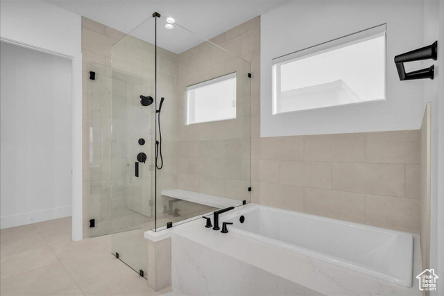 2761 West Lava Hls Road Santa Clara, UT 84765 - Photo 11 of 53 Bathroom with a shower stall, a bath, tile patterned floors, and recessed lighting