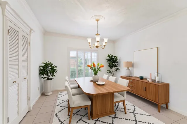 a dining room with furniture and chandelier