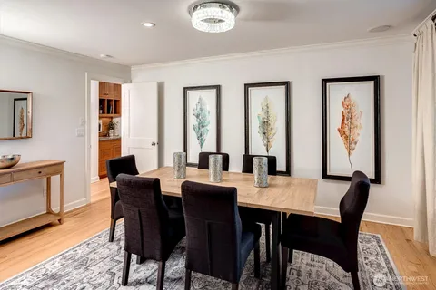 a view of a dining room with furniture