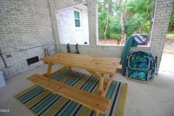 an outdoor space with furniture